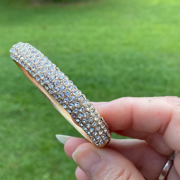 Crystal adorned gold tone hinge bangle bracelet - Picture 12 of 16